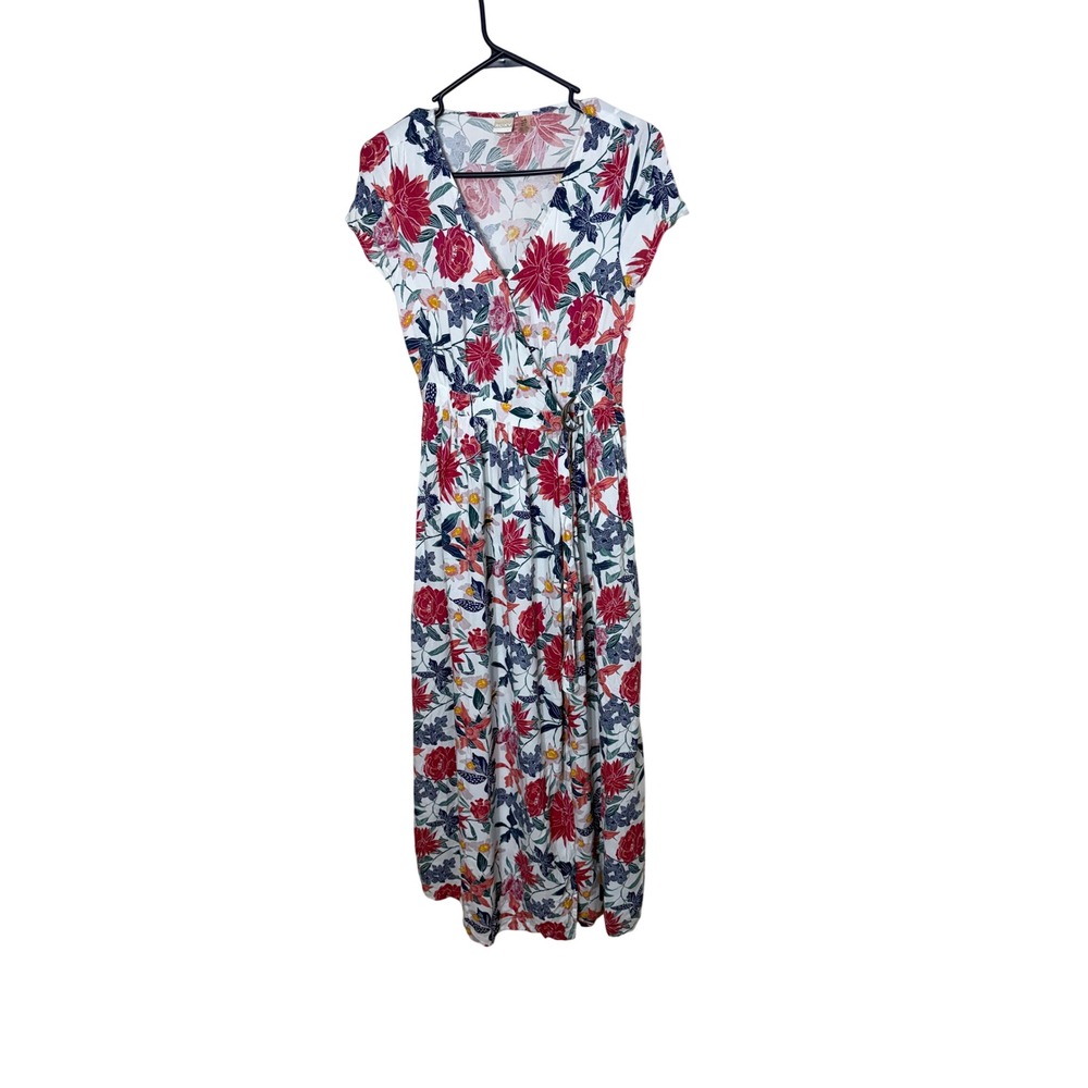 Roxy Women Floral Maxi Wrap Dress White Red Blue Short Sleeve Pockets Size 4 XS